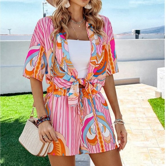 Womens Shorts Set Bright Colors Pink Orange Blue Blouse Shorts Sizes SM-XL - Picture 3 of 4